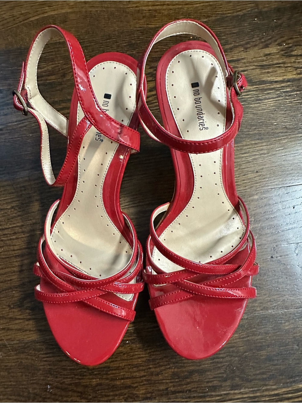 No Boundaries Red Strappy Patent Wedge Sandals for Women